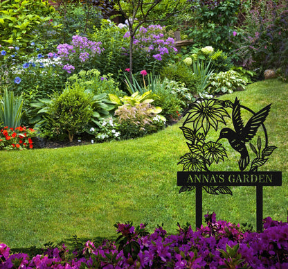 Custom Hummingbird Metal Garden Decor, Personalized Garden Sign, Bird with Stakes, Garden Sign Gift